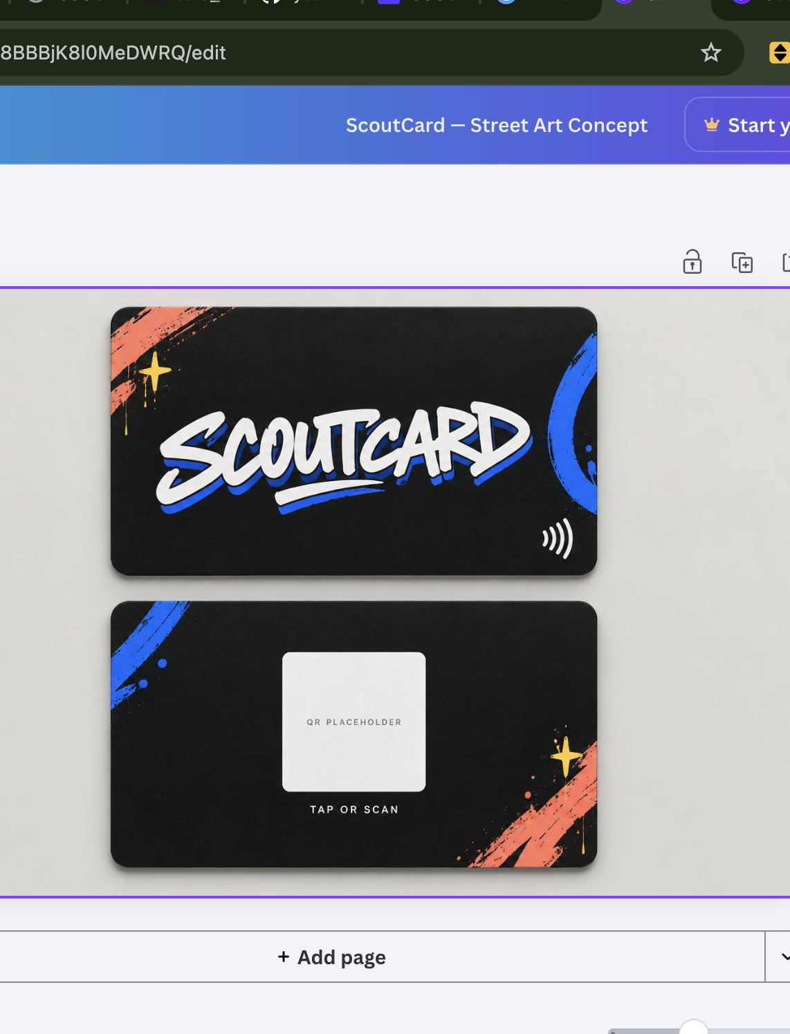 SCOUTCARD front: white graffiti lettering on black with blue, coral, and yellow accents